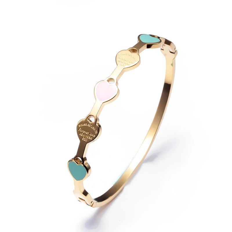 Sweet Heart Charm Cuff Bangle Stainless Steel Plating Women Girls Bracelet