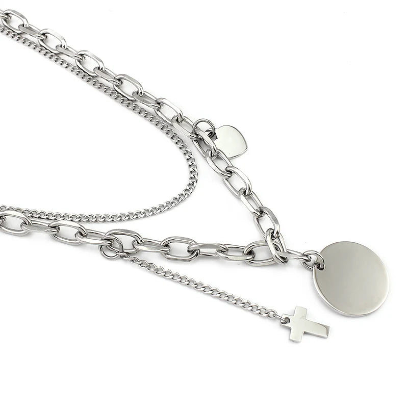 Double Link Chain Cross Necklace with Circle Engrave