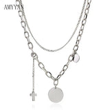 Double Link Chain Cross Necklace with Circle Engrave