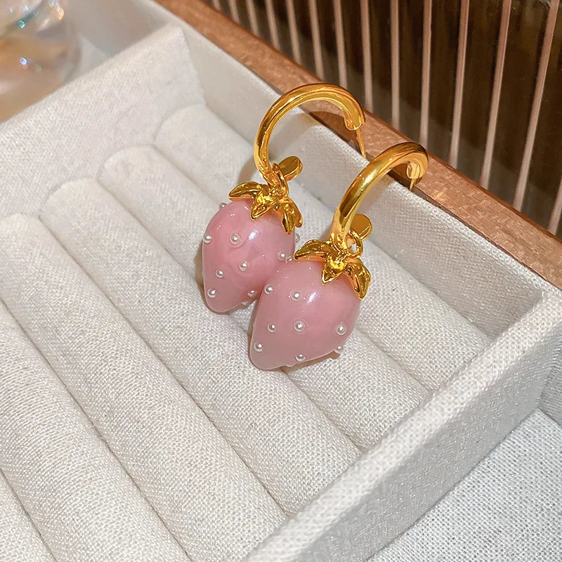 Sweet Pearl Resin Strawberry Fruit Pendant Circle Hoop Earrings for Women