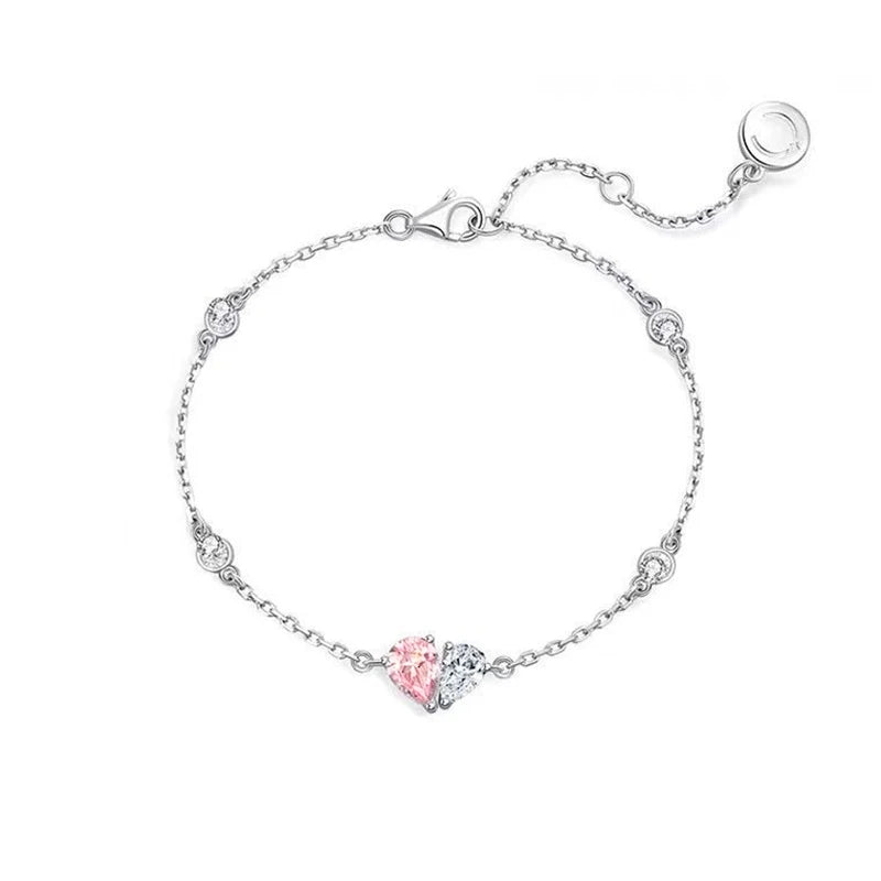 Pink Crystal Heart Bracelet 925 Sterling Silver Chain Women Jewelry