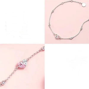 Pink Crystal Heart Bracelet 925 Sterling Silver Chain Women Jewelry
