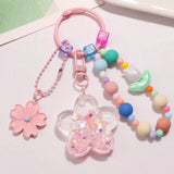 Pink Flower Keychains Beaded Chain Girls Keyrings Bag Pendant