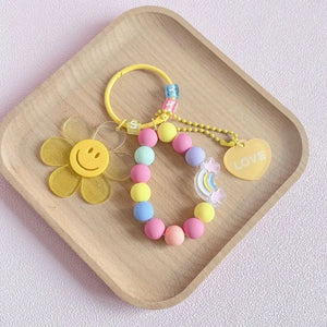 Pink Flower Keychains Beaded Chain Girls Keyrings Bag Pendant