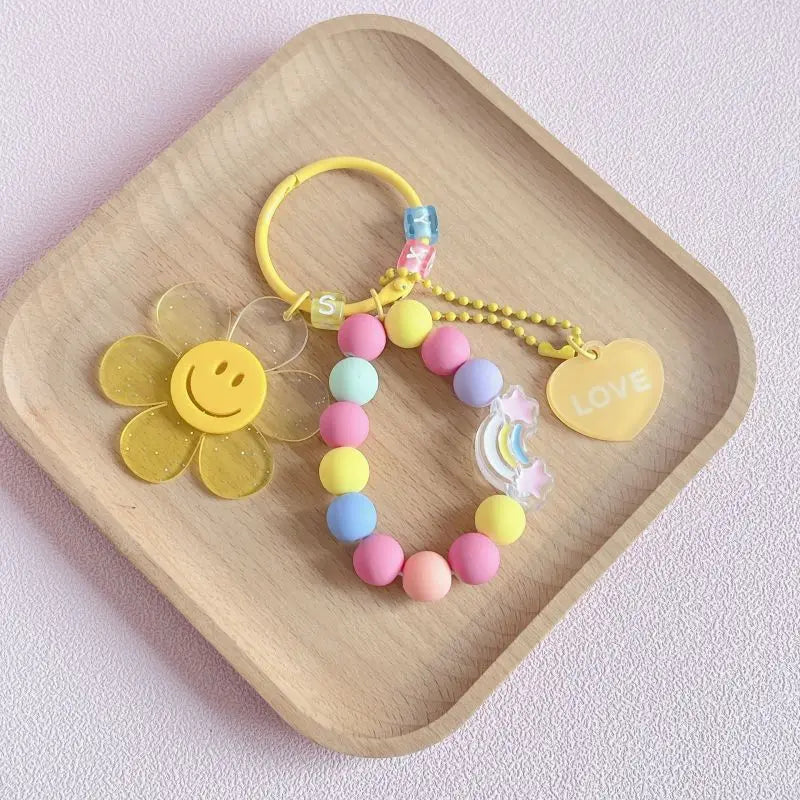 Pink Flower Keychains Beaded Chain Girls Keyrings Bag Pendant