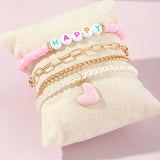 Pink Heart Pendant Anklet HAPPY Pearl Chain Foot Bracelet