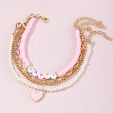 Pink Heart Pendant Anklet HAPPY Pearl Chain Foot Bracelet