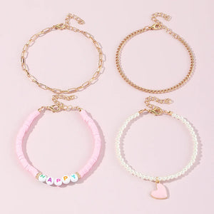 Pink Heart Pendant Anklet HAPPY Pearl Chain Foot Bracelet
