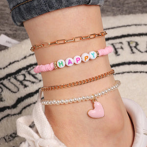 Pink Heart Pendant Anklet HAPPY Pearl Chain Foot Bracelet