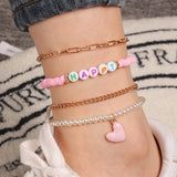 Pink Heart Pendant Anklet HAPPY Pearl Chain Foot Bracelet