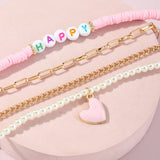 Pink Heart Pendant Anklet HAPPY Pearl Chain Foot Bracelet