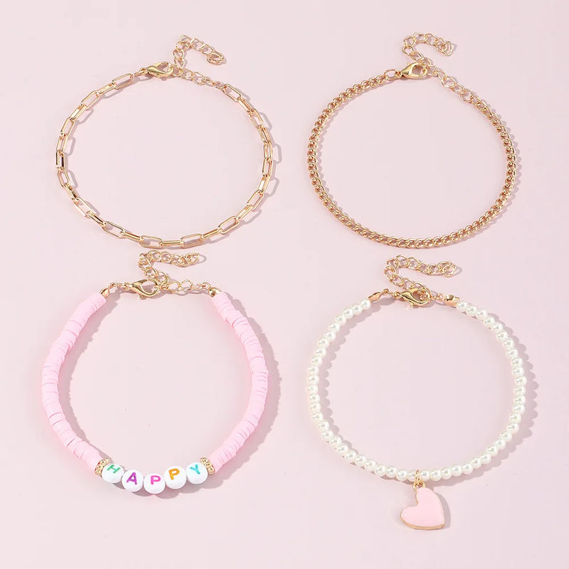 Pink Heart Pendant Anklet HAPPY Pearl Chain Foot Bracelet