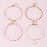 Pink Heart Pendant Anklet HAPPY Pearl Chain Foot Bracelet