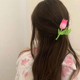 Pink Tulip Flower Hair Claw Hair Clip Women Barrettes Hairpins Ponytail Holder