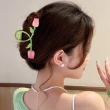 Pink Tulip Flower Hair Claw Hair Clip Women Barrettes Hairpins Ponytail Holder
