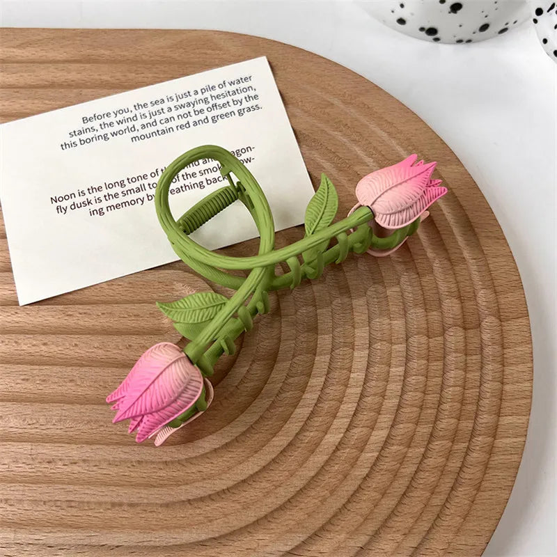 Pink Tulip Flower Hair Claw Hair Clip Women Barrettes Hairpins Ponytail Holder