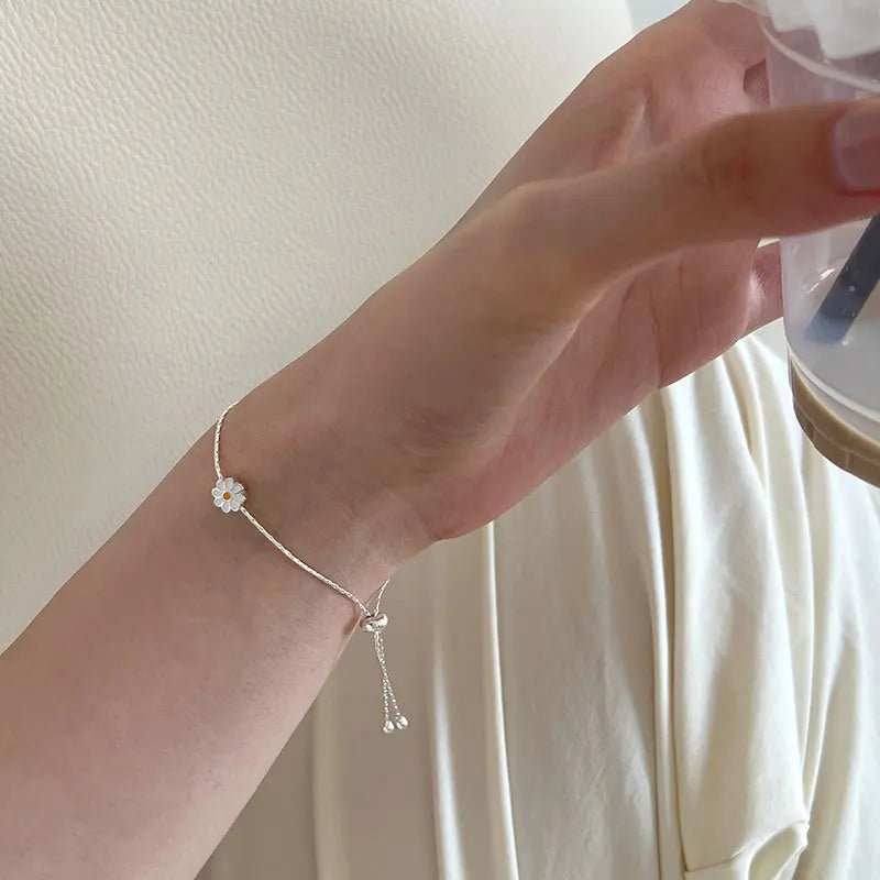 925 Sterling Silver Daisy Flower Bracelet Snake Chain Bangle
