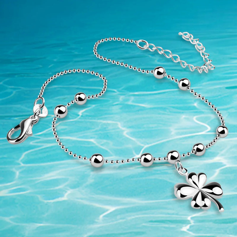 Sterling Silver Anklet with Clover Bead for Women
