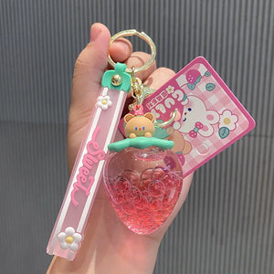 Strawberry Cream Fruit Cup Keychain Acrylic Liquid Quicksand Beads Keyring