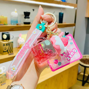 Strawberry Cream Fruit Cup Keychain Acrylic Liquid Quicksand Beads Keyring