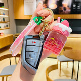 Strawberry Cream Fruit Cup Keychain Acrylic Liquid Quicksand Beads Keyring