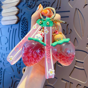 Strawberry Fruit Cup Rabbit Keychain Liquid Quicksand Bear Doll Key Chain