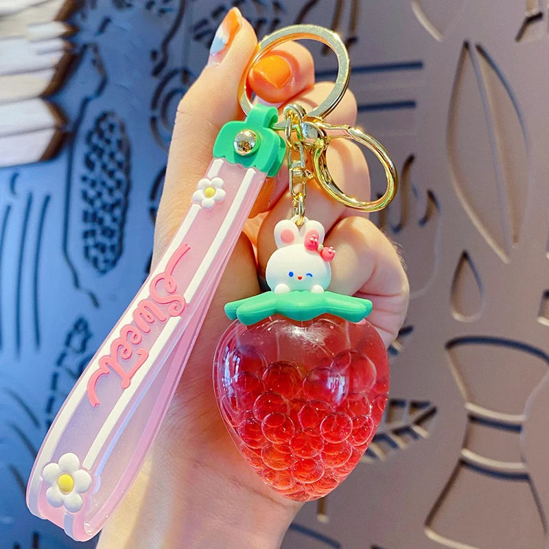 Strawberry Fruit Cup Rabbit Keychain Liquid Quicksand Bear Doll Key Chain
