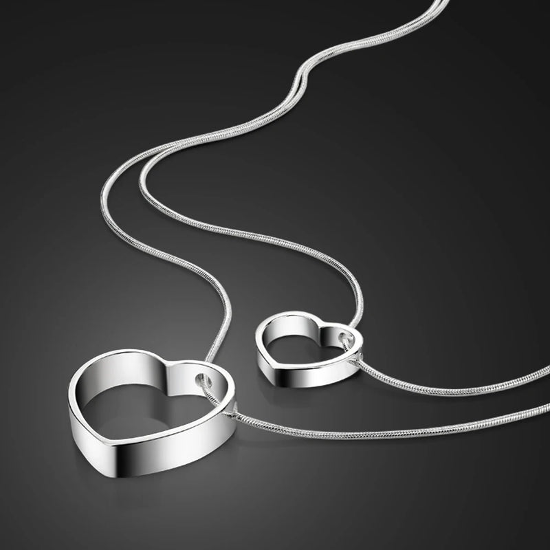925 Silver Necklace Double Layer Snake Chain Heart Pendant Women's Jewelry