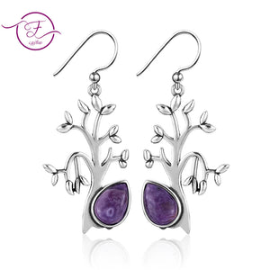 Tree Shape Natural Charoite Drop Earrings 925 Silver Jewelry