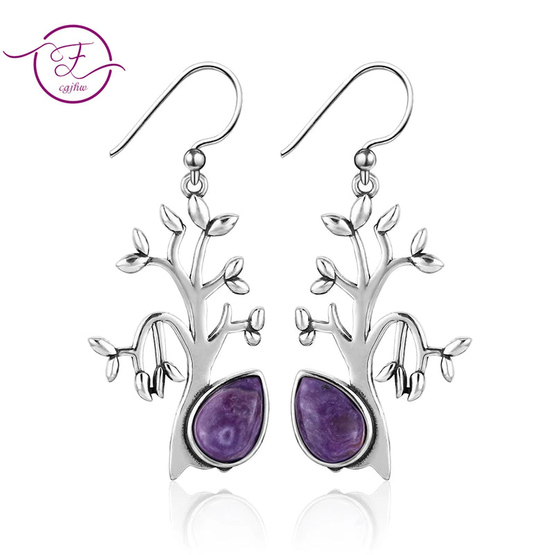 Tree Shape Natural Charoite Drop Earrings 925 Silver Jewelry