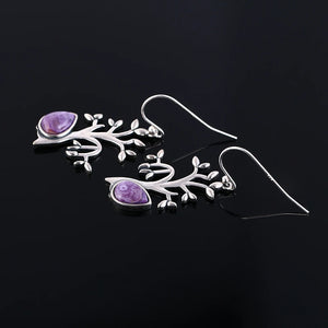 Tree Shape Natural Charoite Drop Earrings 925 Silver Jewelry