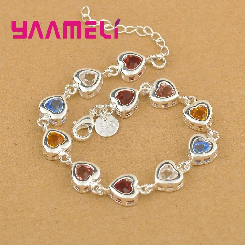 925 Sterling Silver Heart Charm Bracelet with Multicolor Cubic Zircon Stones