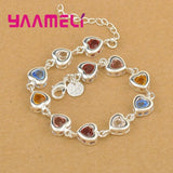 925 Sterling Silver Heart Charm Bracelet with Multicolor Cubic Zircon Stones