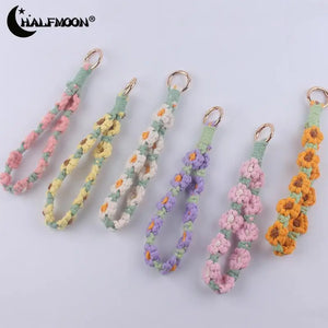 Woven Flower Wristlet Keychain Crochet Cotton Rope Key Strap