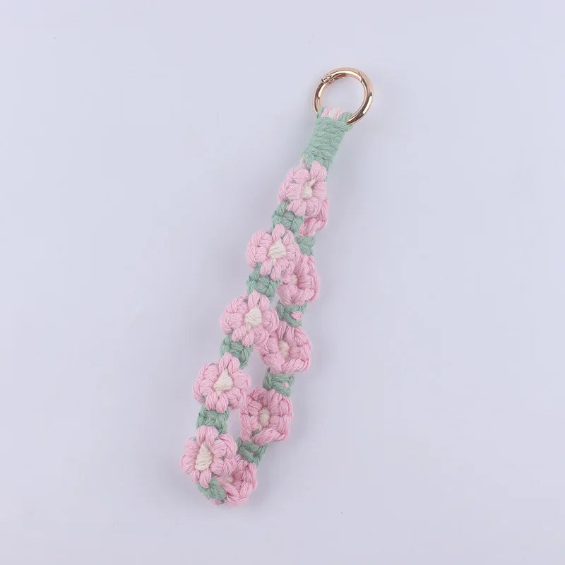 Woven Flower Wristlet Keychain Crochet Cotton Rope Key Strap