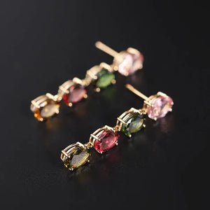 Colorful Natural Tourmaline Earrings, S925 Silver Inlaid, High-grade