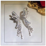 Silver Glitter Zircon Gemstone Bow Tassel Earrings