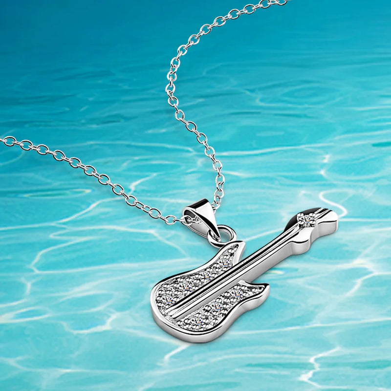 Sterling Silver Zircon Guitar Pendant Necklace for Women