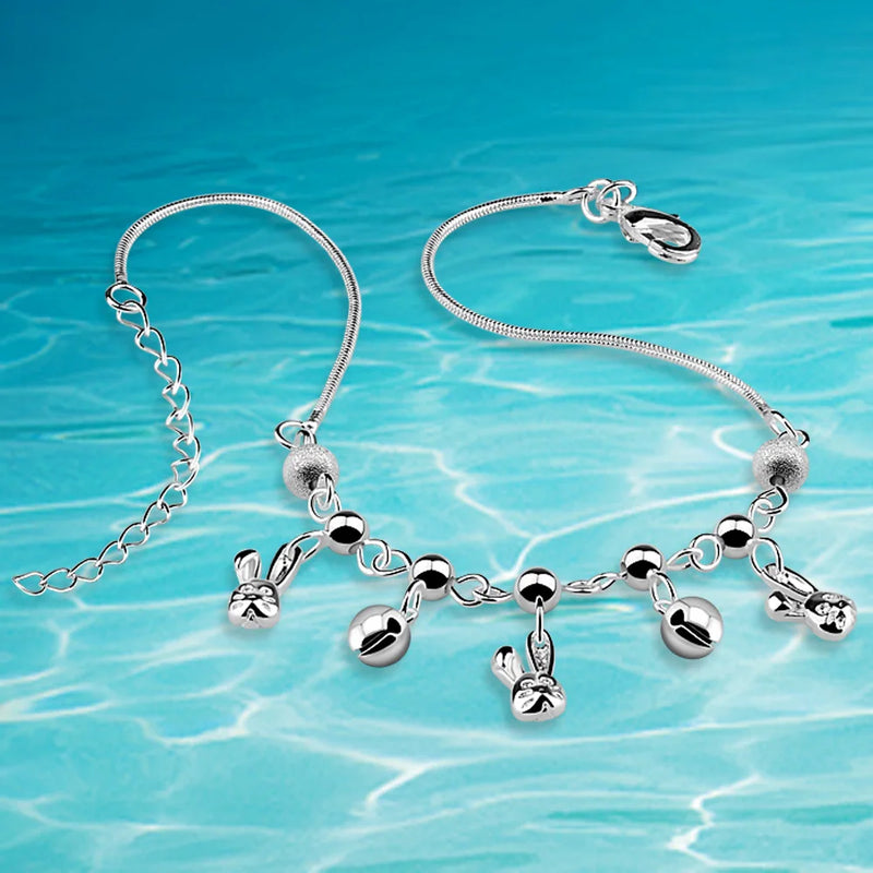 Sweet Rabbit 925 Sterling Silver Bell Anklet for Women Foot Accessories