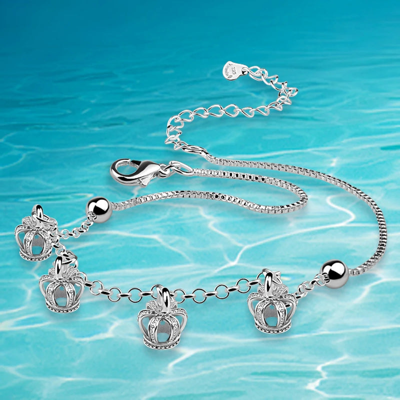 925 Sterling Silver Crown Anklet for Women