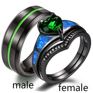 Couple Wedding Rings Heart Cut Green Cz Titanium Steel Mens Band
