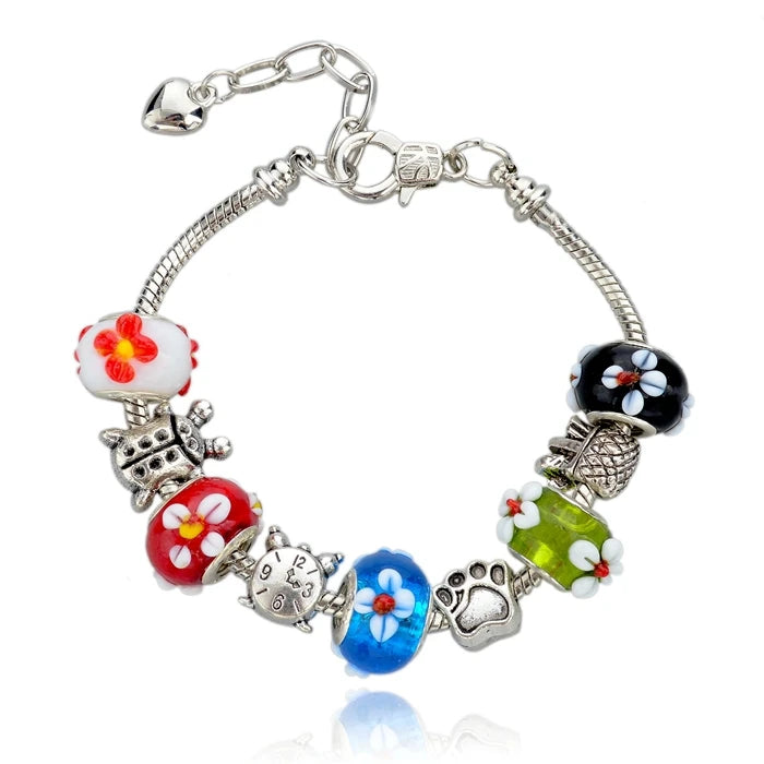 European Multicolor Flower Glass Bead Bracelet DIY Snake Chain Jewelry