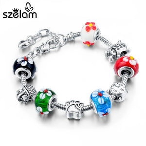 European Multicolor Flower Glass Bead Bracelet DIY Snake Chain Jewelry