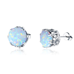 Szjinao 925 Silver Opal Stud Earrings Round Banquet Birthday Gift Jewelry