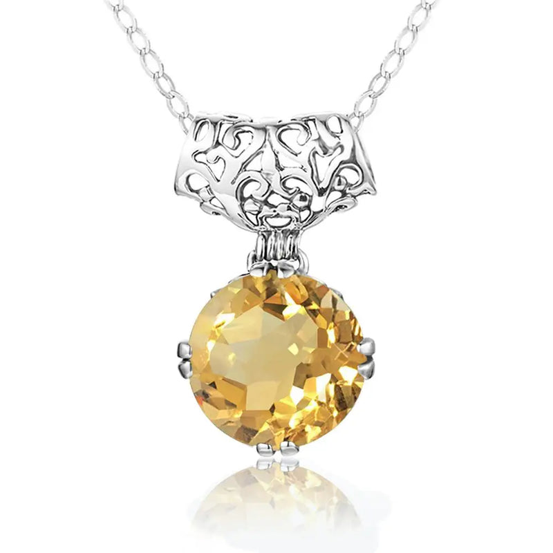 925 Silver Necklace Citrine Pendant Round Gemstone Female Jewelry