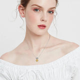 925 Silver Necklace Citrine Pendant Round Gemstone Female Jewelry