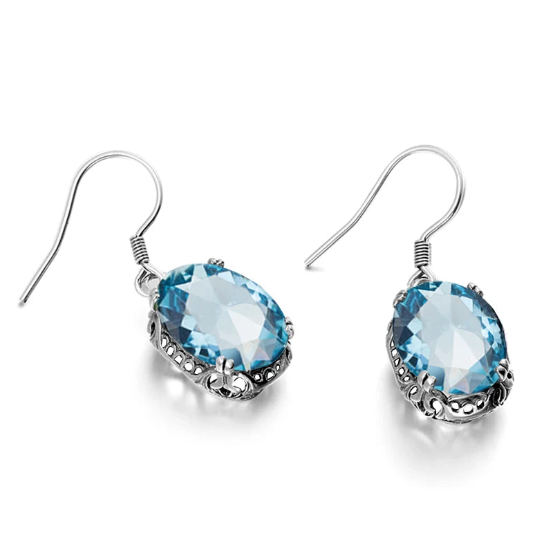 Vintage Aquamarine 925 Silver Earring Drop for Women Anniversary