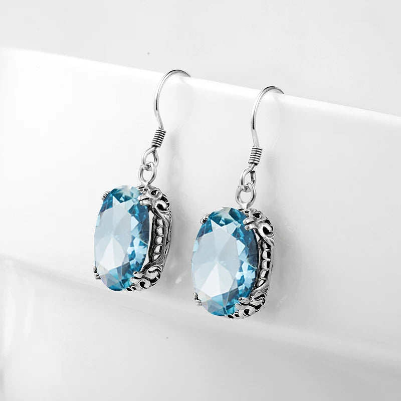 Vintage Aquamarine 925 Silver Earring Drop for Women Anniversary