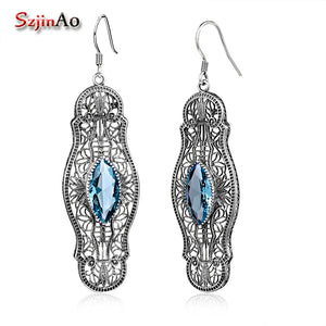 Szjinao Aquamarine Earrings 925 Sterling Silver Dangle Flower Vintage Jewelry