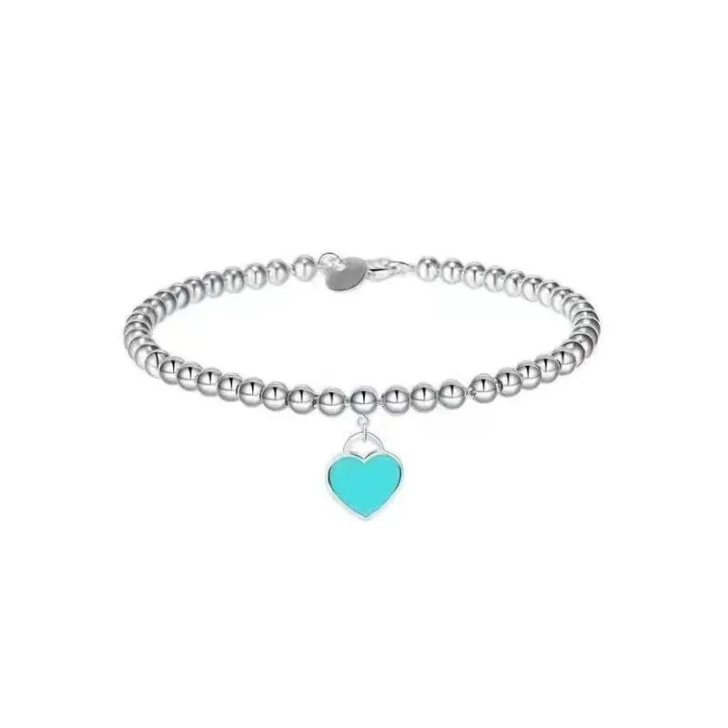 925 Sterling Silver Heart Love Pendant Beaded Bracelet for Women